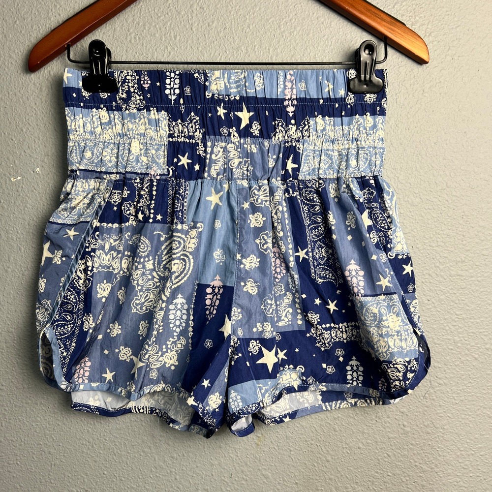 FP Movement Boho Patchwork High Waist‎ Shorts Size M Blue Star Paisley Festival
